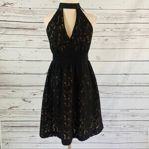 Anna Sui black lace dress semi open back high neck